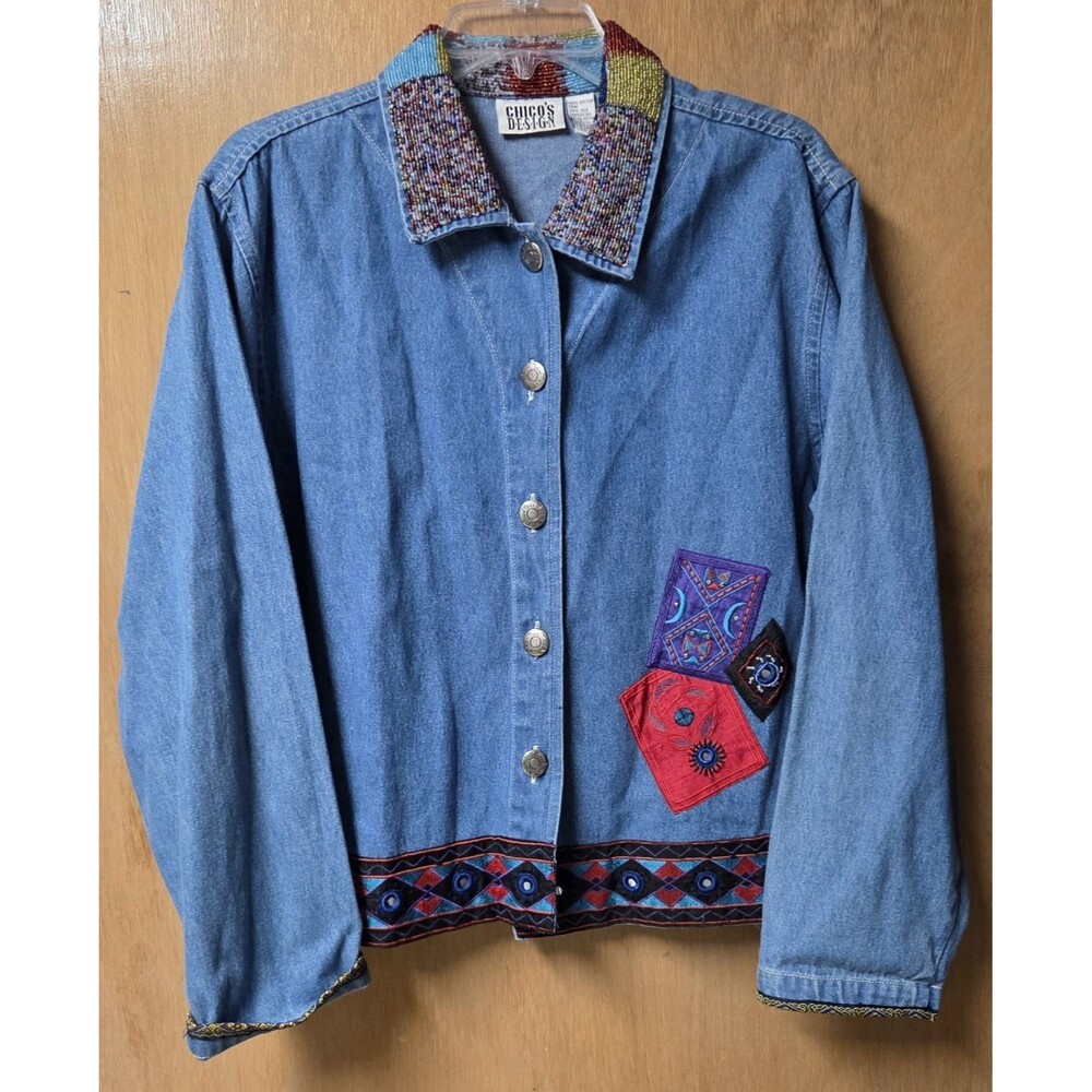 Vtg 90s Chico's Design Beaded Patchwork Denim Jacket Shisha Mirror Boho Large 2